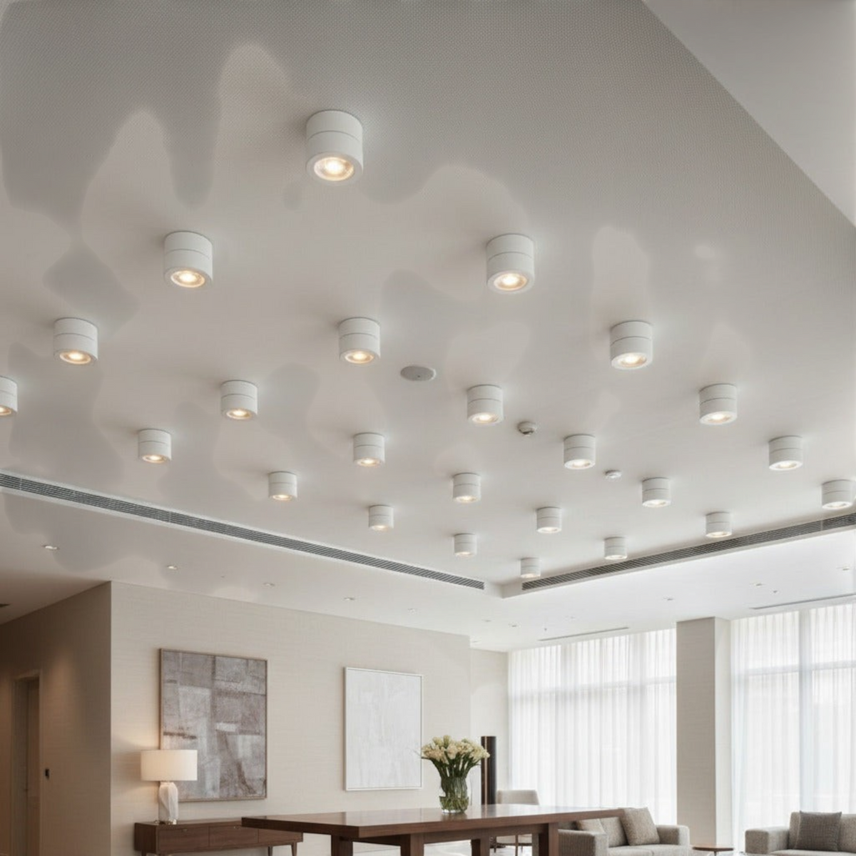 white surface mount adjustable spotlight mounted on the ceiling in a hotel reception area