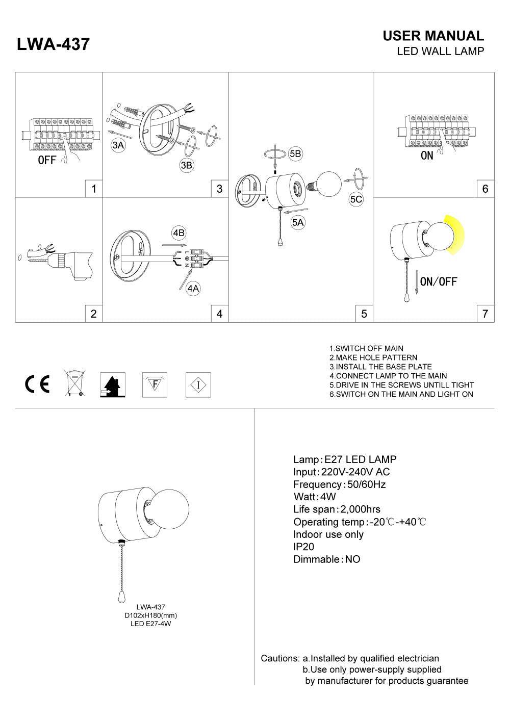 White interior LED wall light with pull cord installation guide