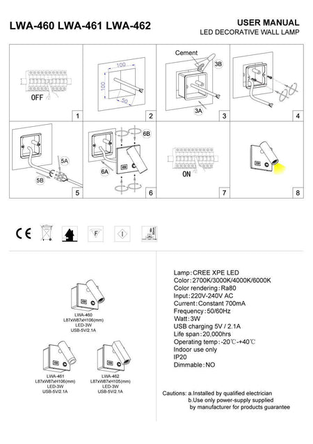 white recessed bedside reading lamp with USB port installation guide