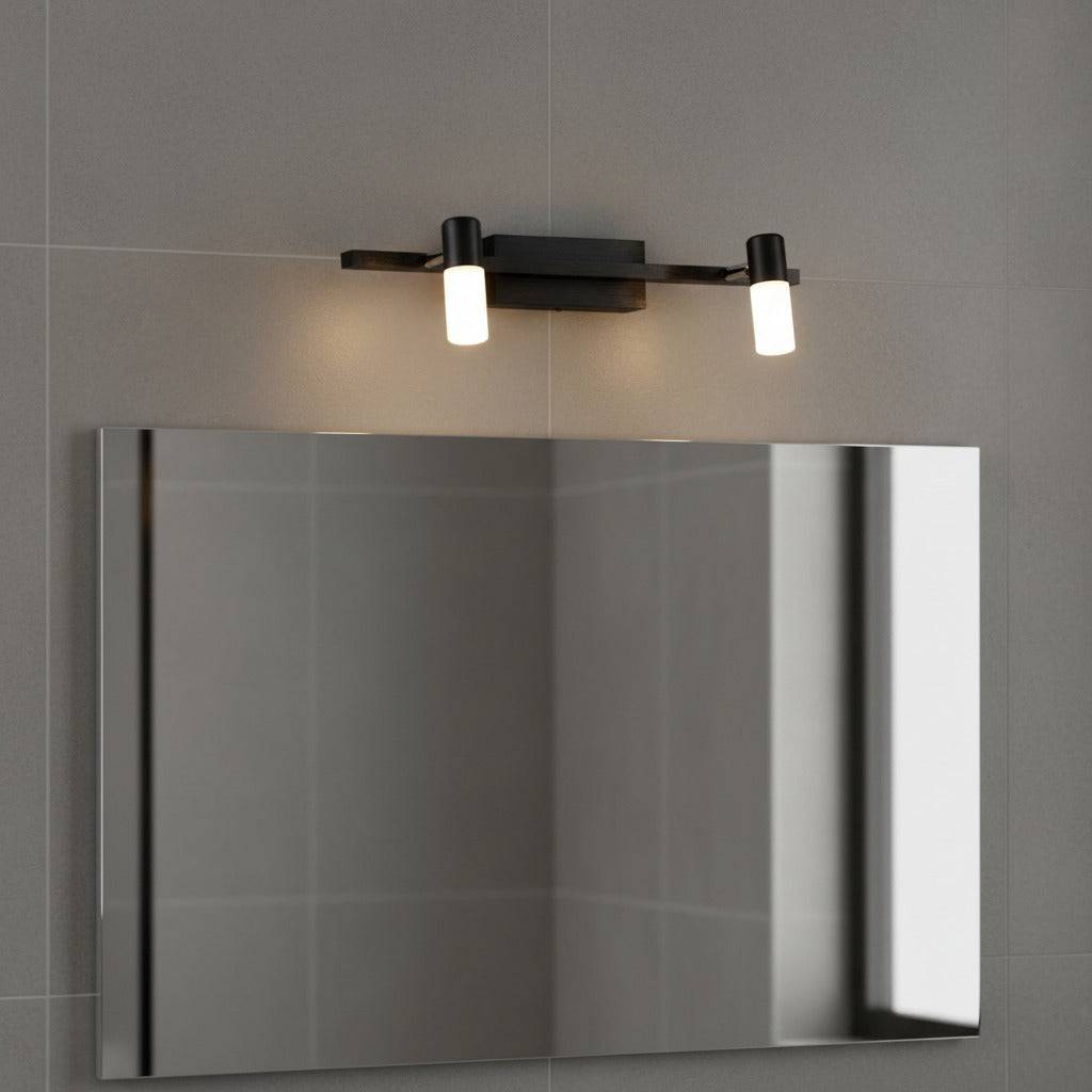 black wall light for bathroom mirror mounted over a mirror in a modern bathroom