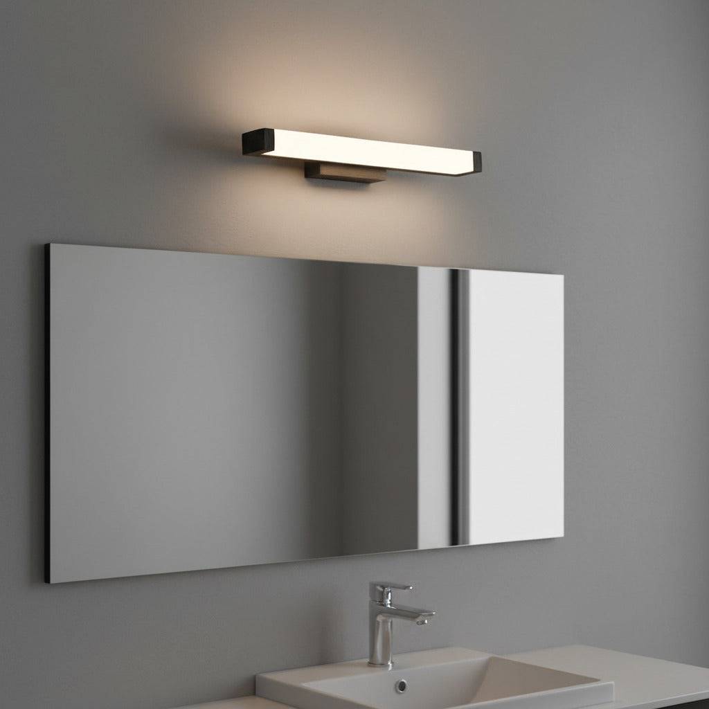black small bathroom mirror light mounted over a mirror in a modern bathroom