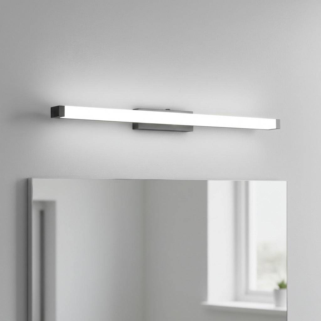 black modern bathroom light above mirror mounted in a modern bathroom on the wall 
