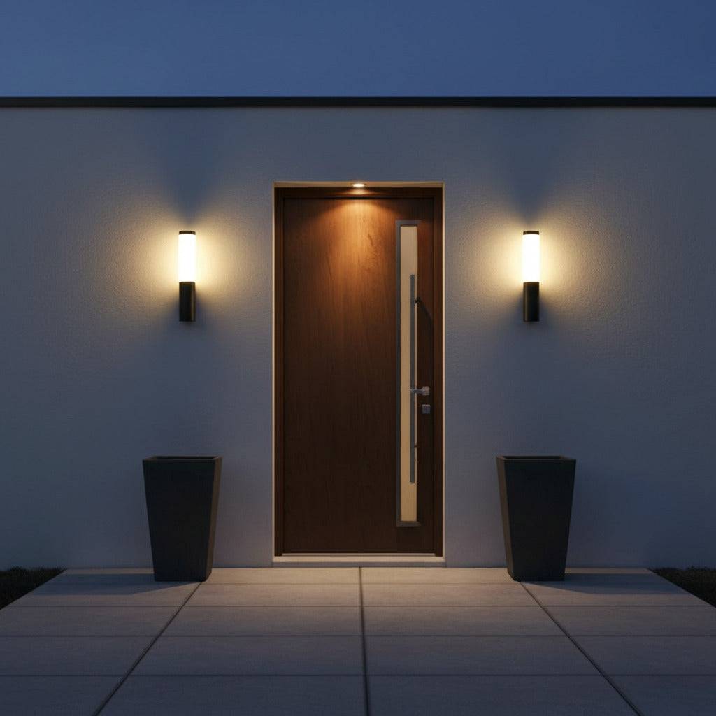 black outdoor wall lantern light mounted either side of a wooden front door 
