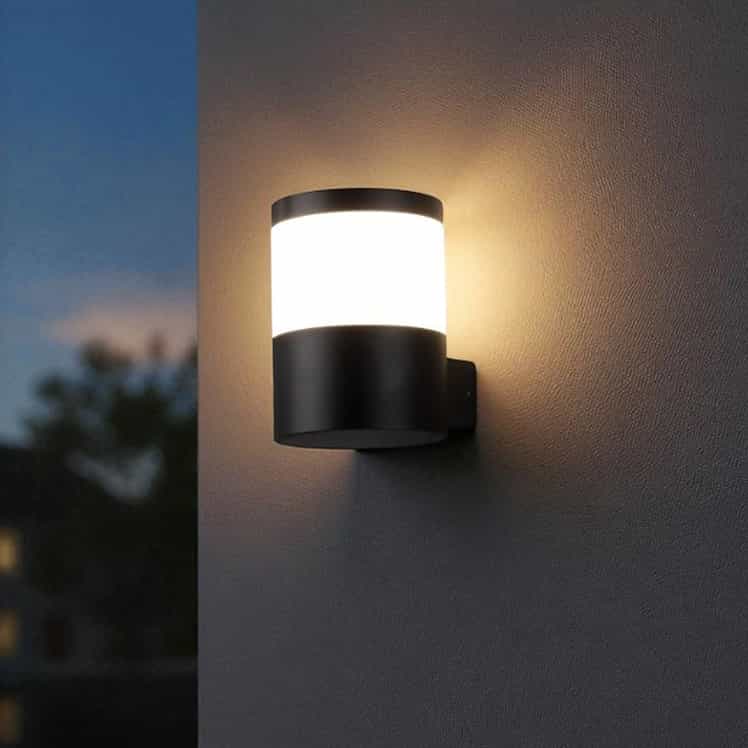 black outside wall lantern mounted on a white textured wall outside of a house