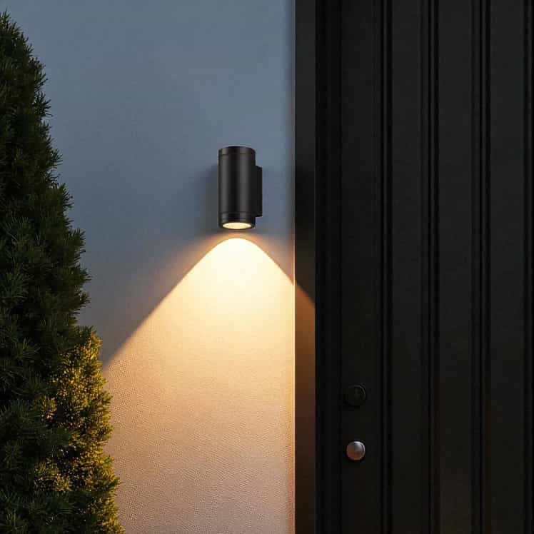 Black outdoor LED wall downlight mounted on a white wall next to a home front door
