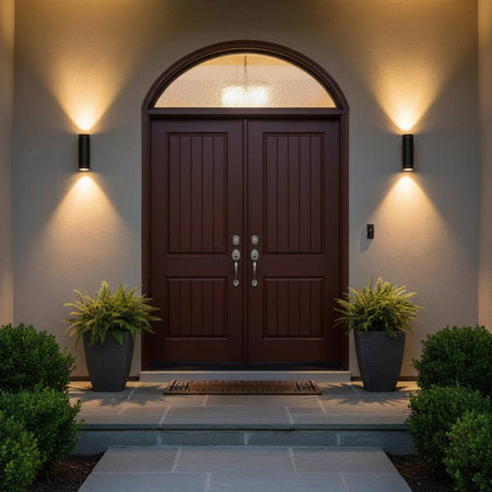 black outside up and down light mounted either side of a brown front door 