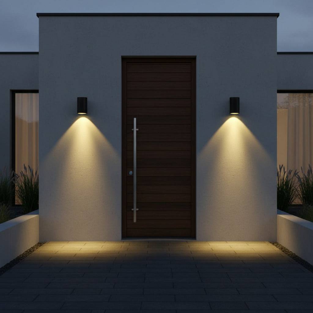 black outdoor wall downlight mounted on a white wall either side of a brown house front door 