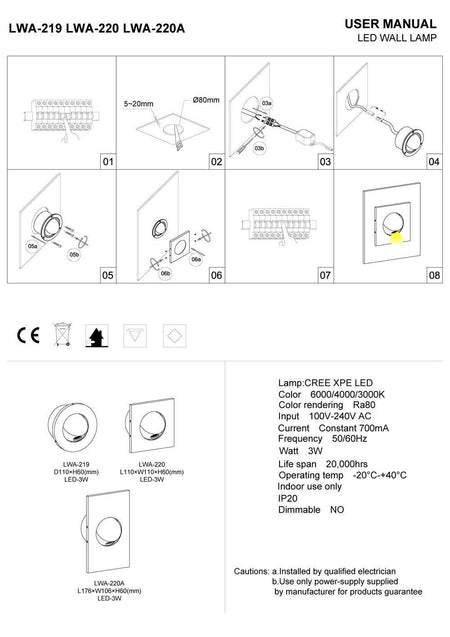 White recessed wall or headboard reading lamp installation guide