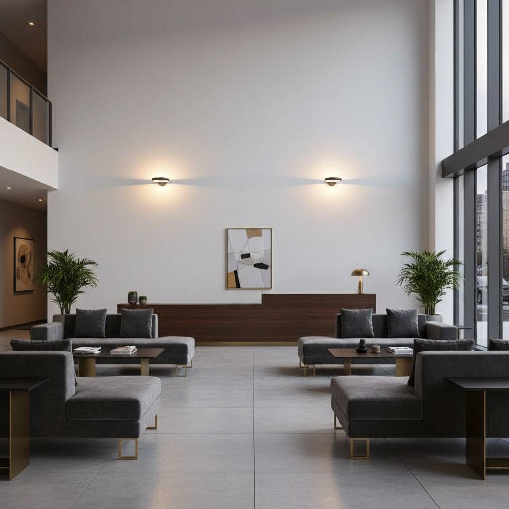 Black internal wall light in a hotel lounge two lights on the far end wall and sofas and tables in the picture