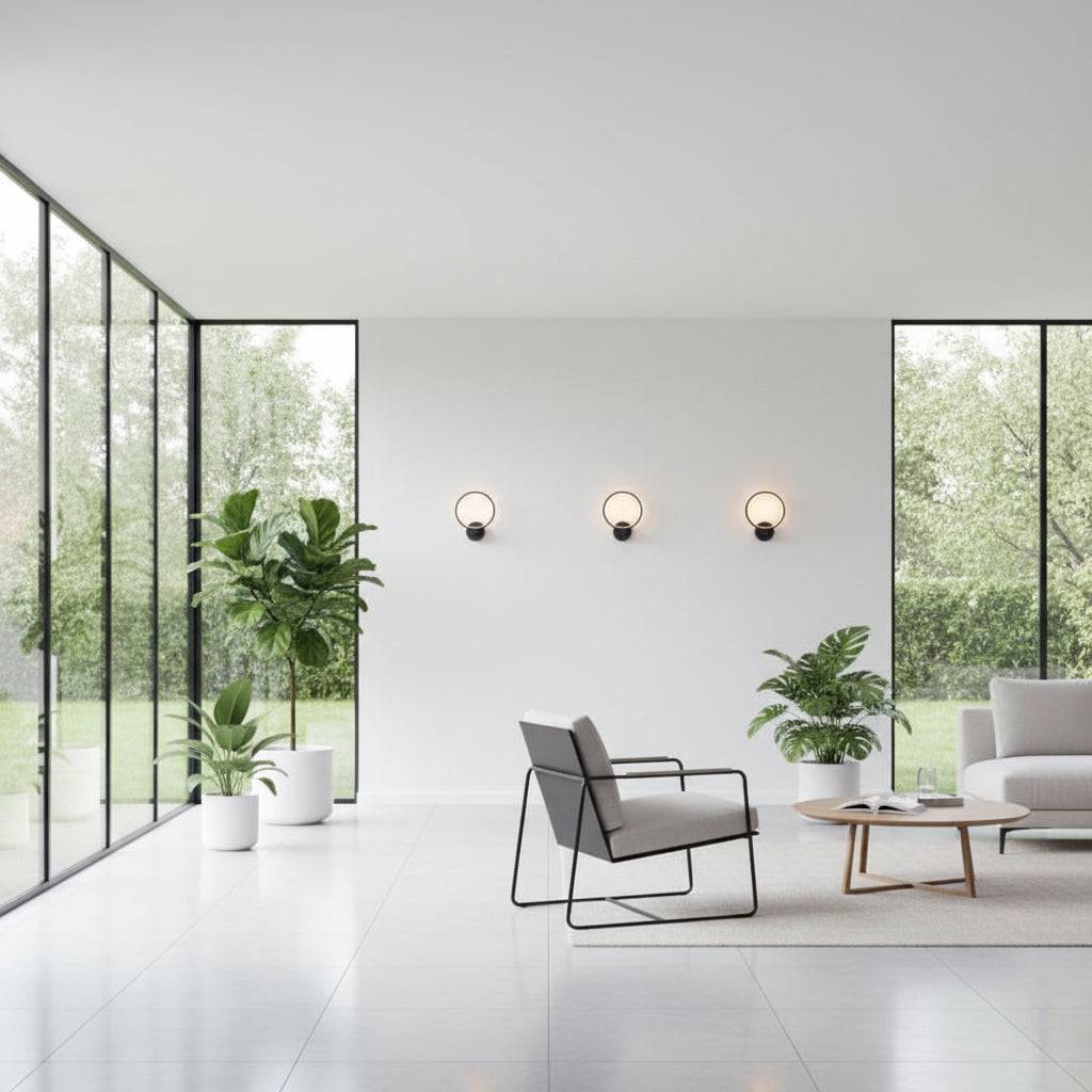 Black LED indoor wall lamp on the wall of a modern conservatory
