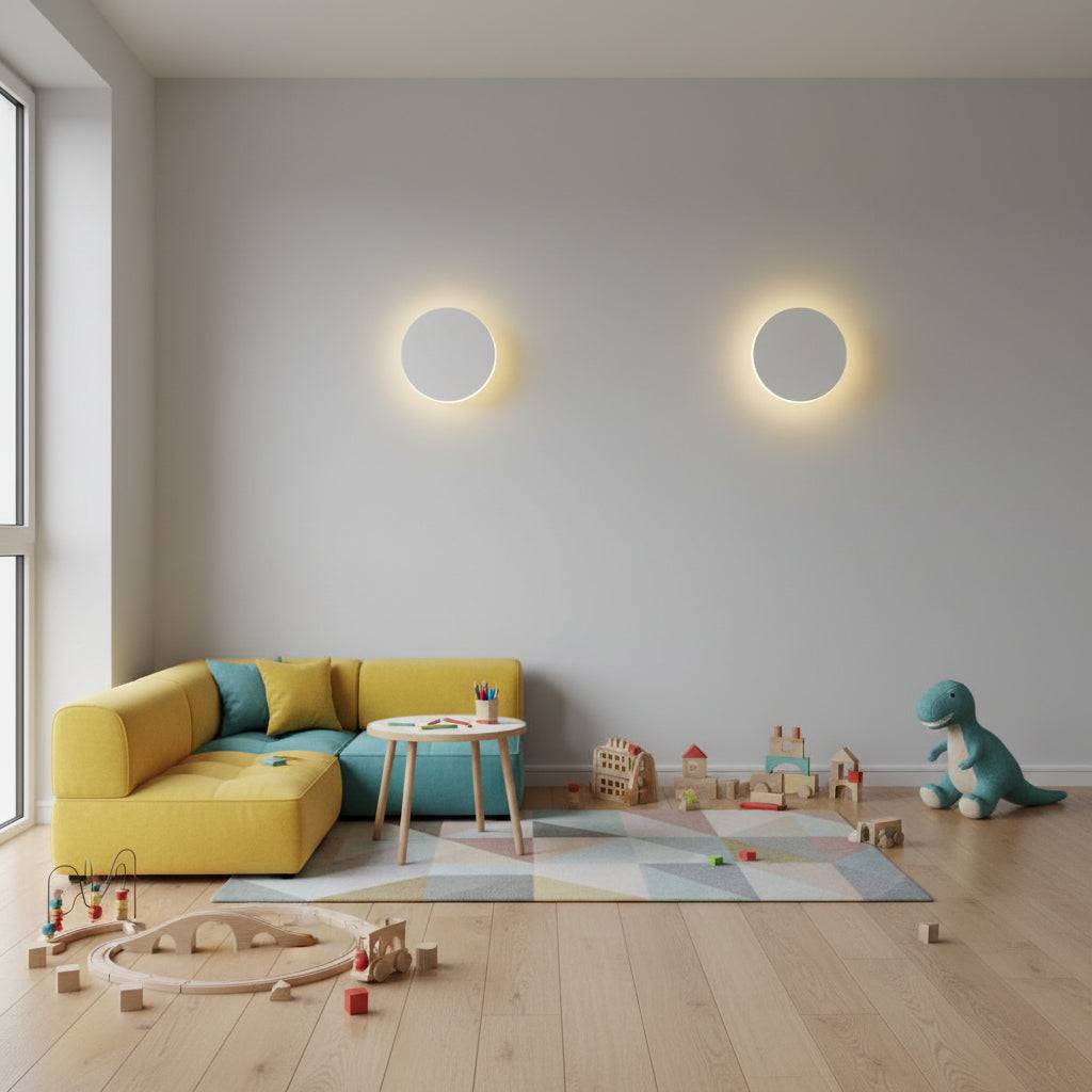 White LED internal wall light on the wall of a child's playroom in  a modern home