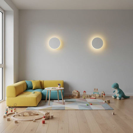 White LED internal wall light on the wall of a child's playroom in  a modern home