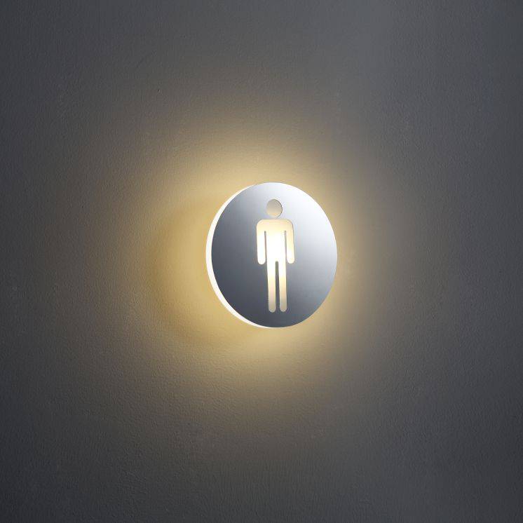 LED male WC sign shown on a white wall 
