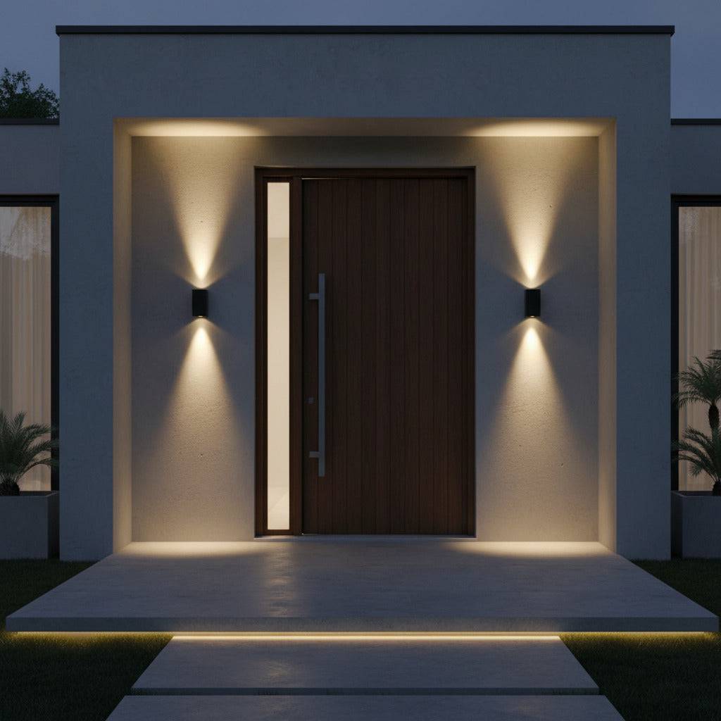 black outdoor up and down wall light mounted either side of the front door of a modern home with wooden front door