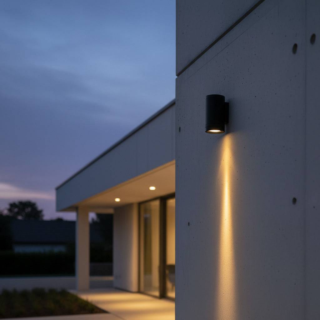 black exterior wall downlight mounted on a concrete wall on the exterior of a modern home 