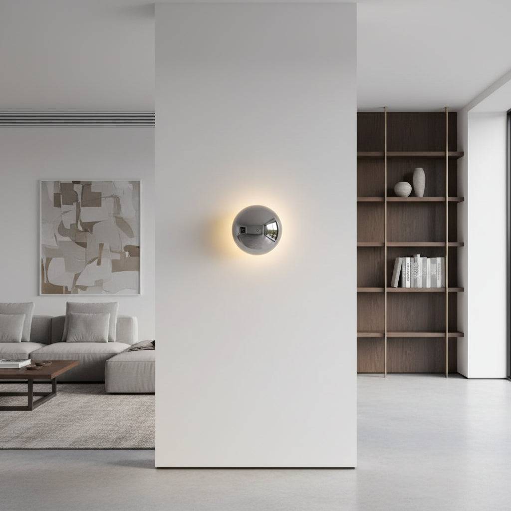 Chrome indoor wall light on a neutral coloured wall between a lounge and reading area