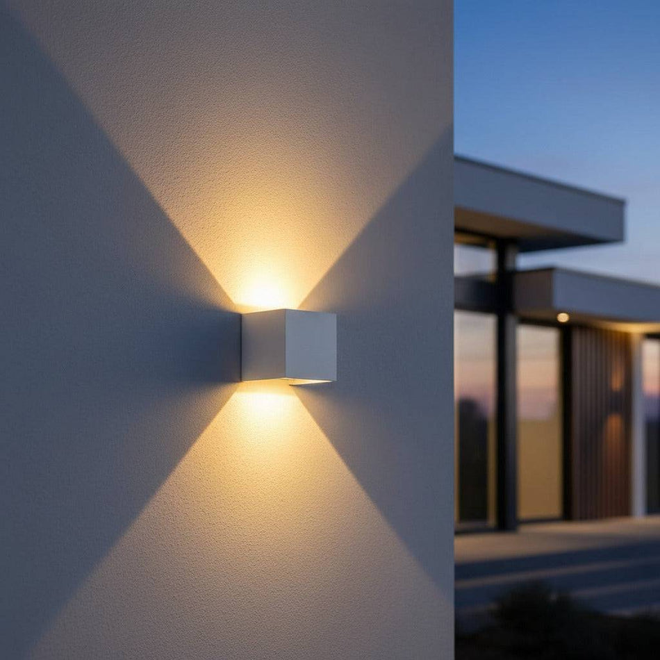 white up and down outside light mounted on a white wall outside a modern house 