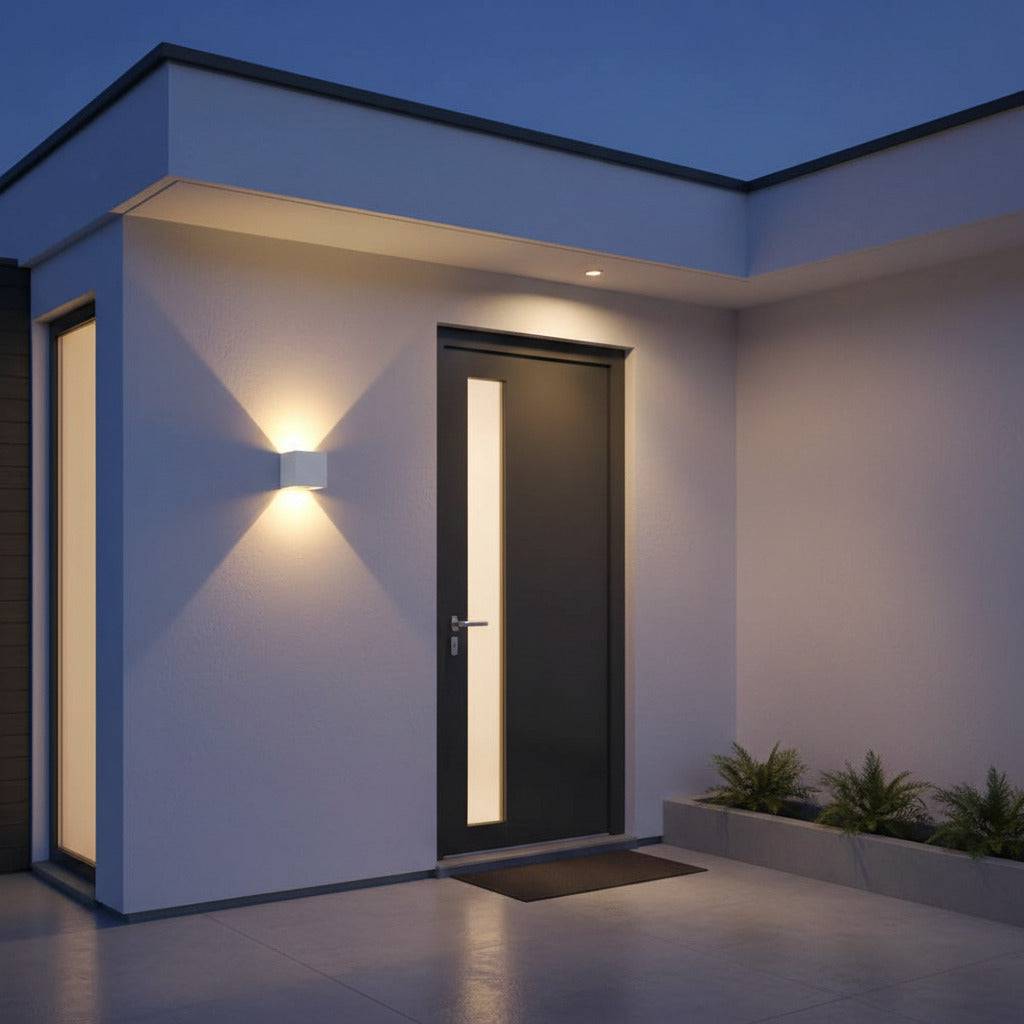 white up and down outside light mounted on the wall next to the front door of a modern house 