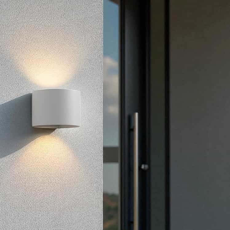 white outdoor up and down light mounted on a white exterior wall next to the front door of a house 