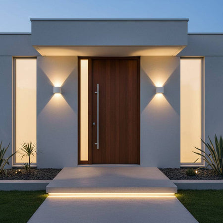 white outdoor up and down light mounted either side of a wooden front door of an ultra modern home 