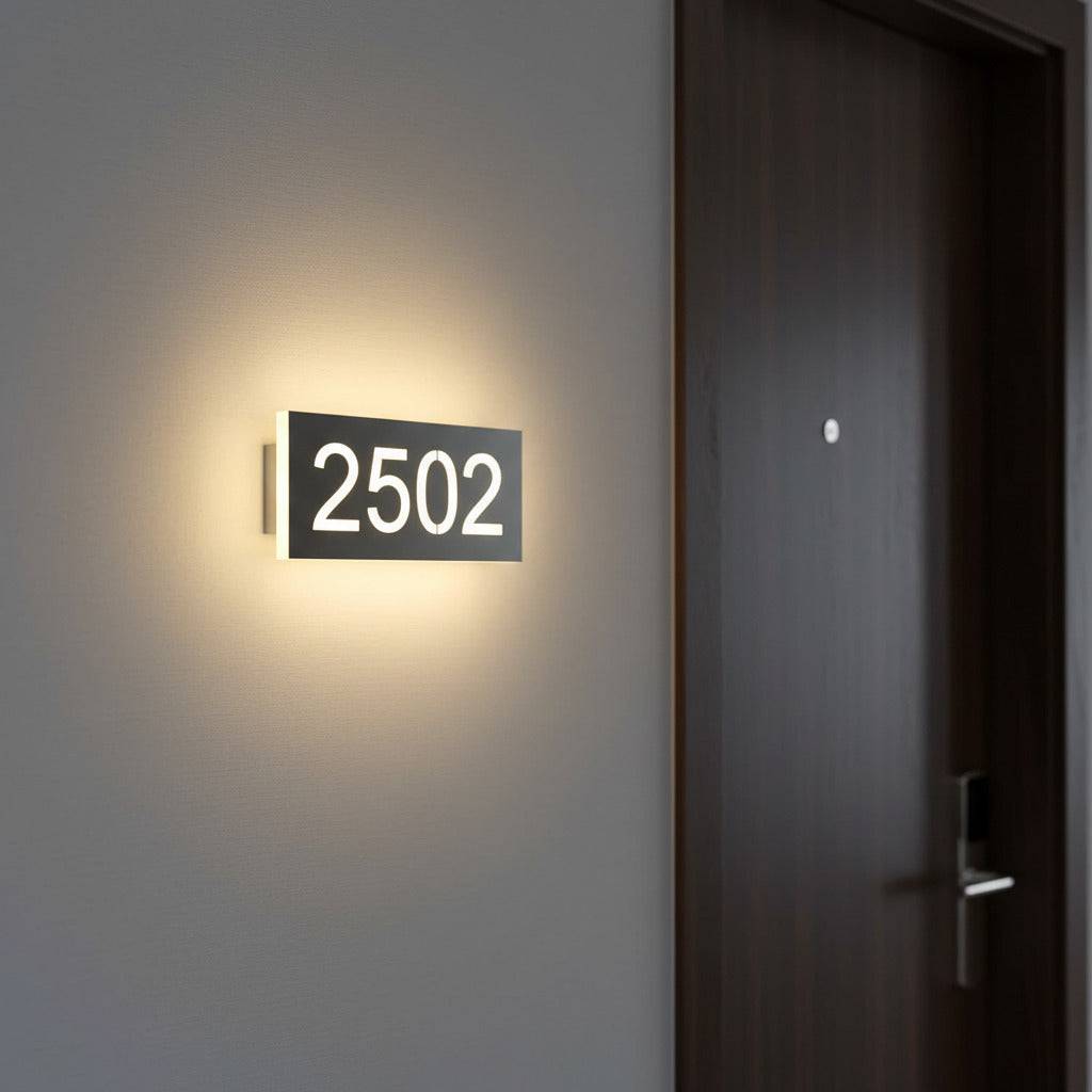 backlit hotel room number sign mounted on the wall next to a hotel room door 