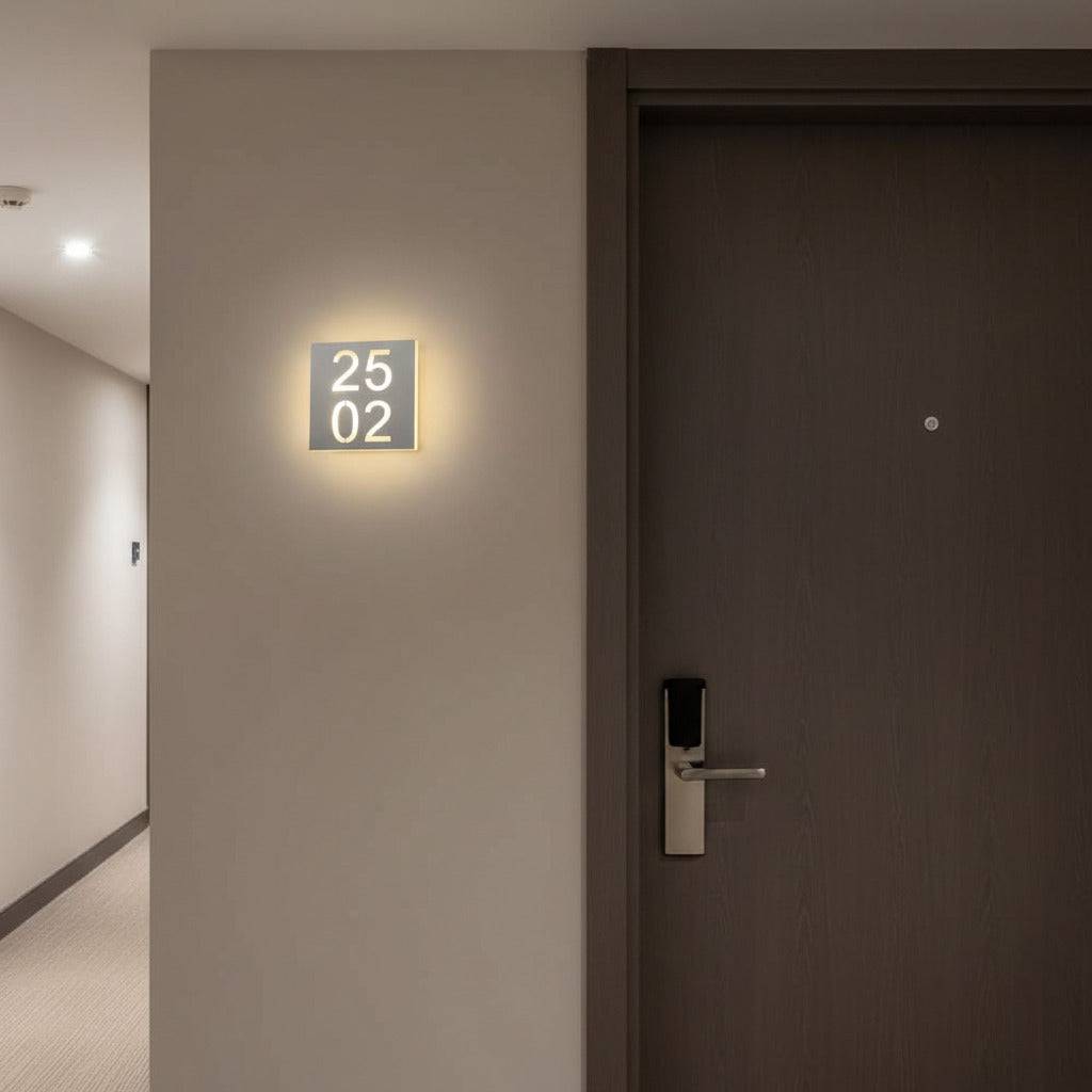 LED hotel room door number mounted outside a door in a hotel corridor