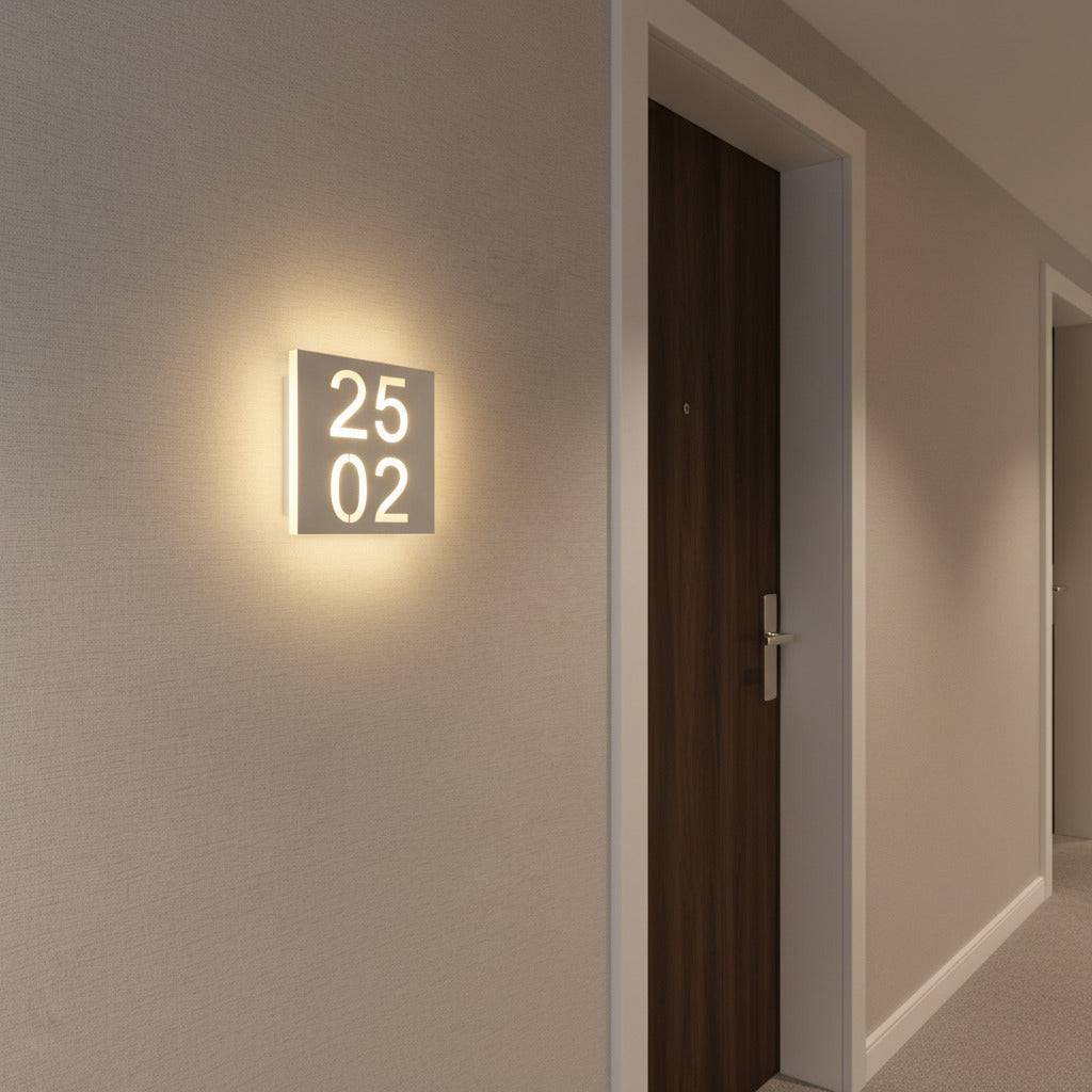 LED Hotel room door number mounted next to a hotel door