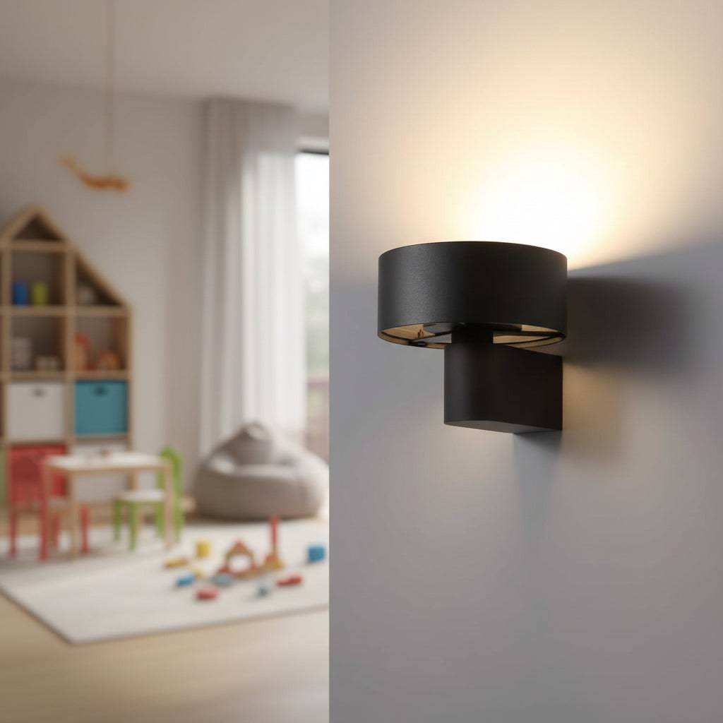 Black wall mounted interior light fixture on  a grey background in a children's playroom