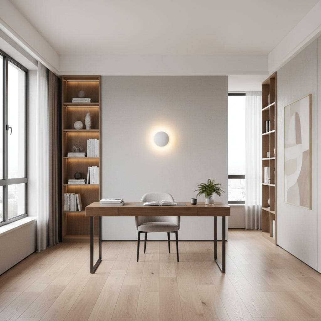 White indoor decorative wall light above a desk in the study of a modern home