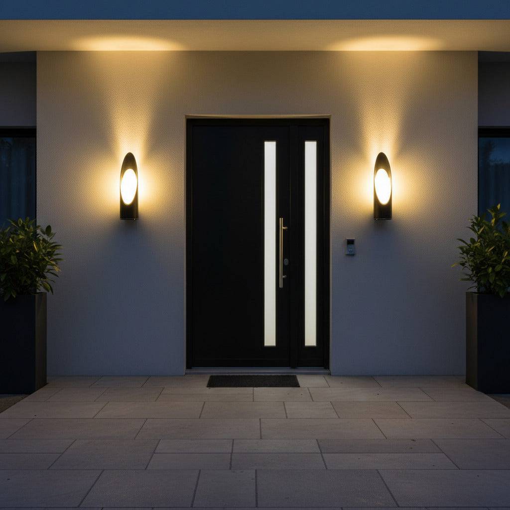 black external wall lantern mounted either side of the entrance door of a modern home 