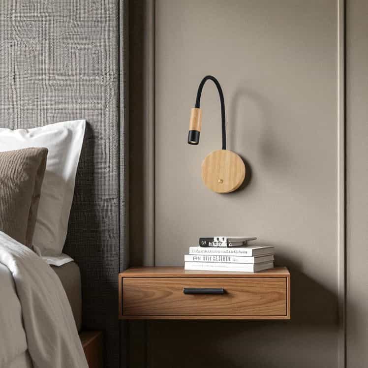 beech wood flexible wooden reading lamp mounted on the wall next to a bed over a bedside table