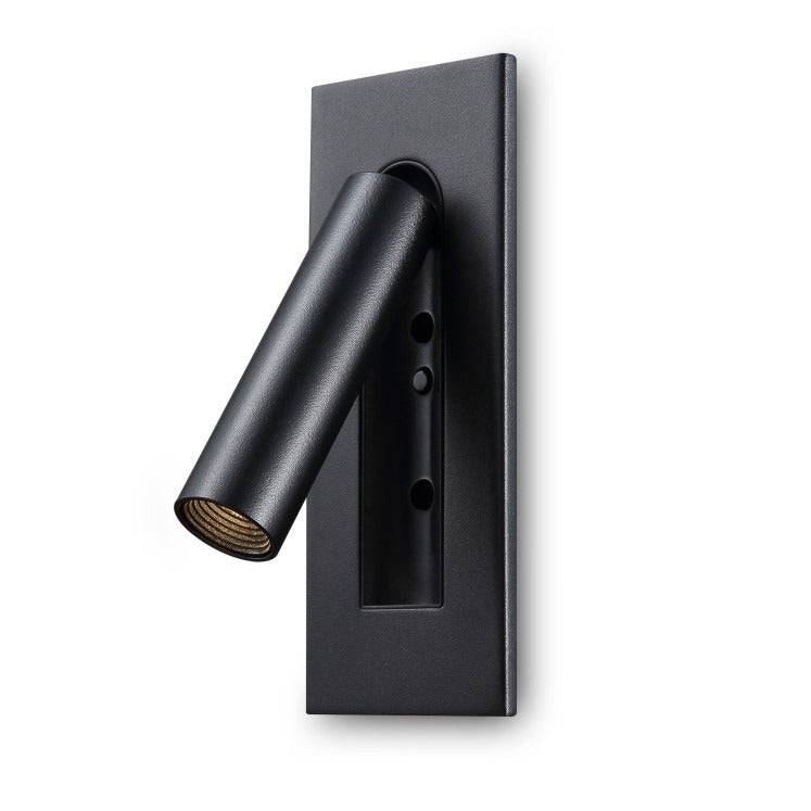 black recessed LED reading wall light shown on a white background