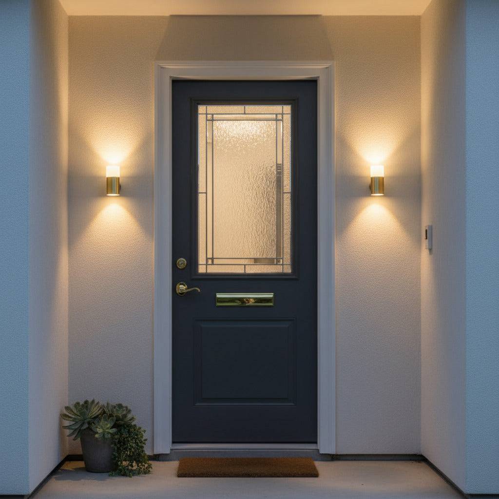 brass outdoor wall light mounted either side of the blue front door of a house