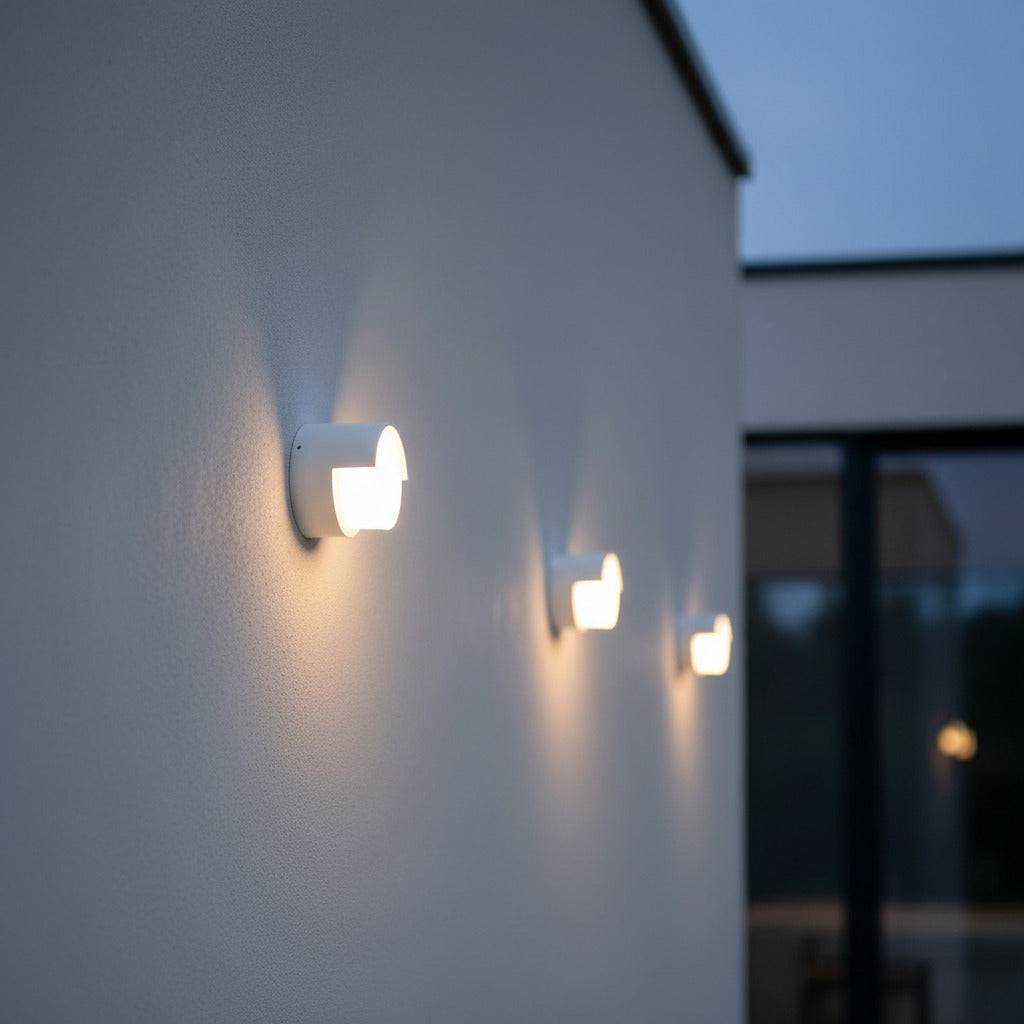 white garden wall light mounted in a row on a white wall of a modern house