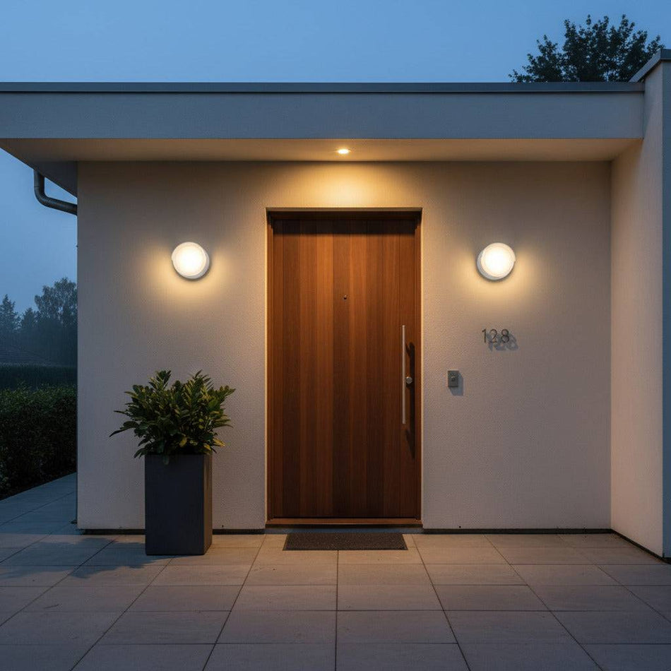 white modern outside wall light mounted on the wall of a home either side of the front door