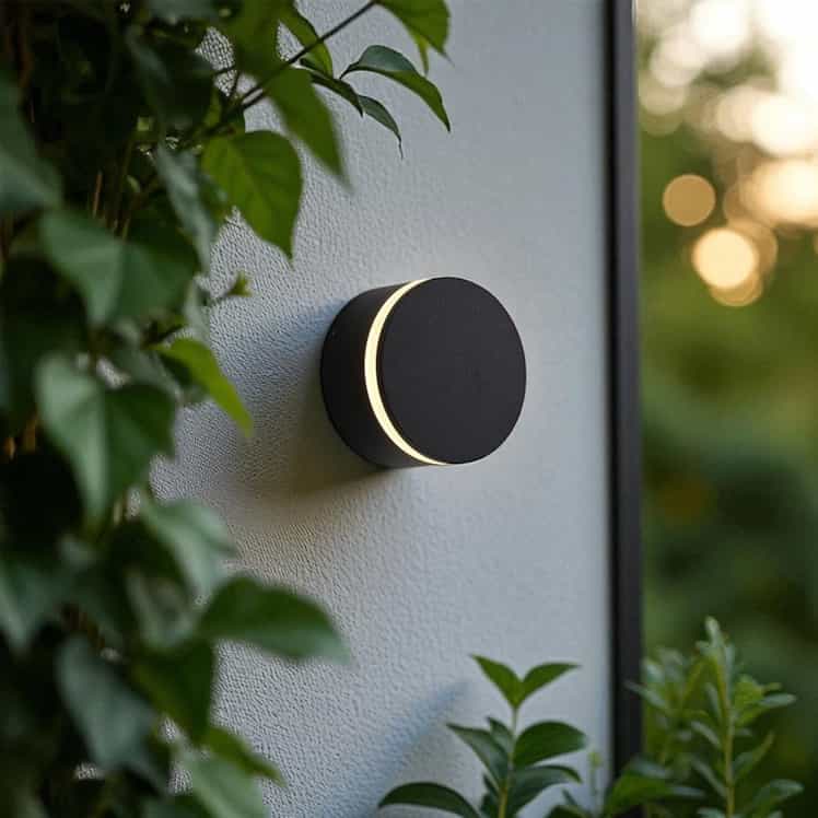 black wall outdoor lamp mounted on a white exterior wall amongst green plants 