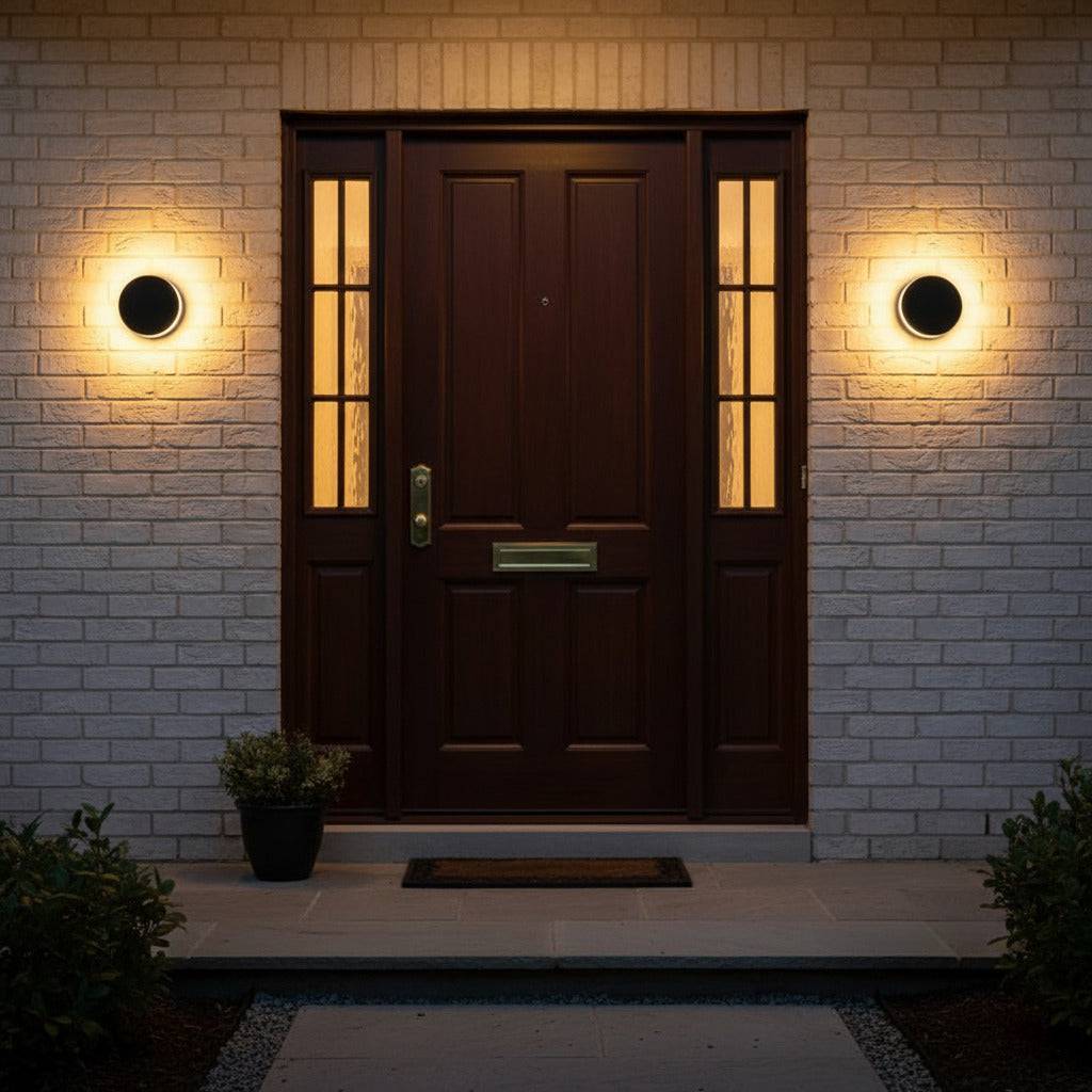 black LED outdoor wall lamp mounted on a brick wall either side of a wooden front door 
