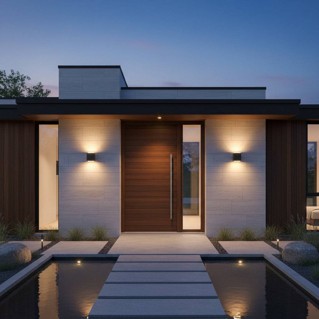 black outdoor up and down wall light fitted on the wall either side of a brown wooden frotn entrance door