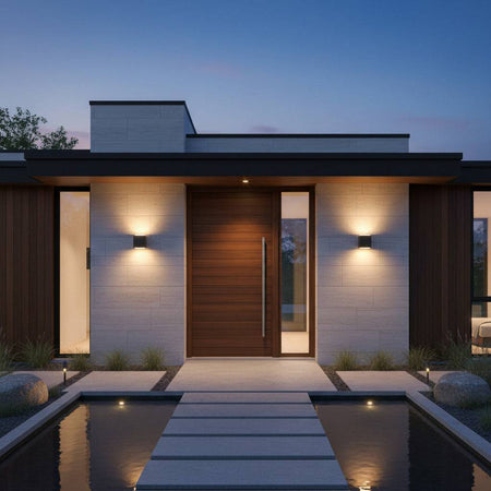 black outdoor up and down wall light fitted on the wall either side of a brown wooden frotn entrance door