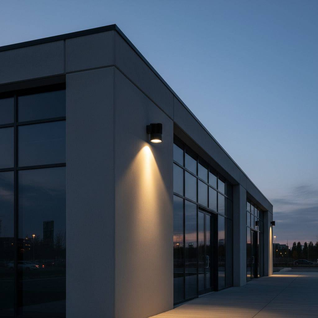 black large outdoor wall downlight mounted on the exterior of a large building shining light down the wall 