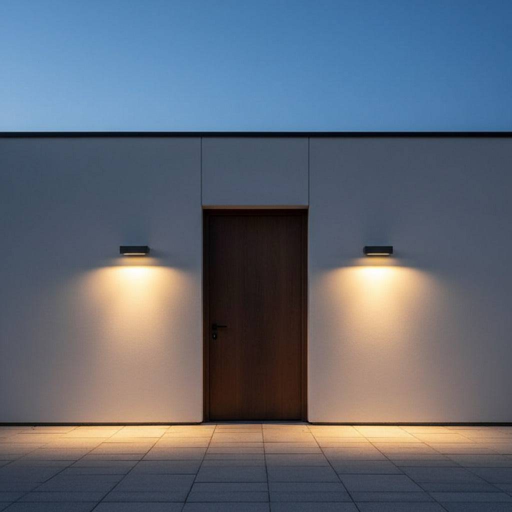 black outdoor down wall light mounted either side of the front door of an ultra modern home 