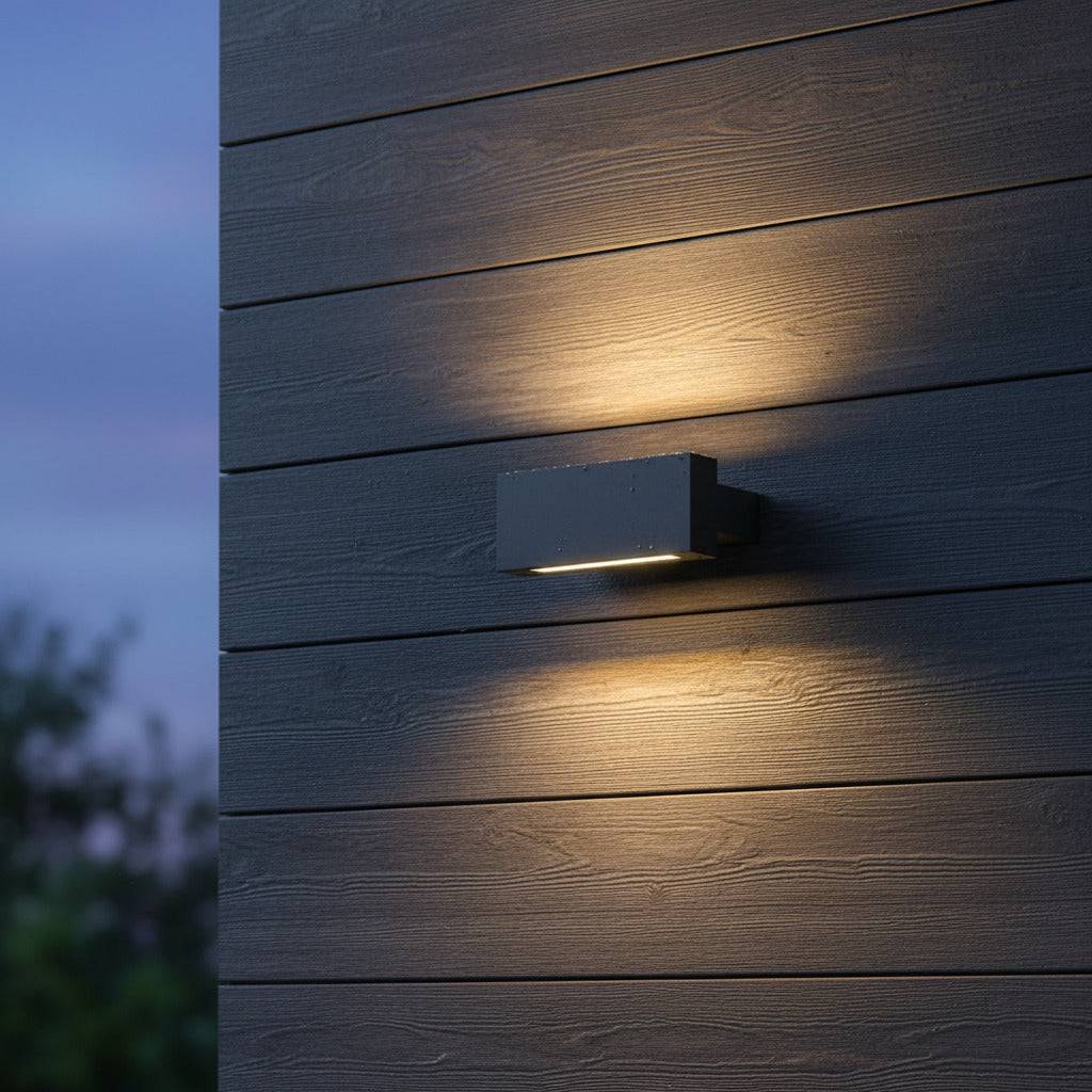 black up and down light mounted on wooden boards on the outside of a modern house