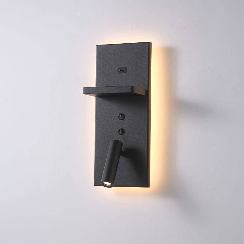 black bedroom wall light with reading light mounted on a white wall 