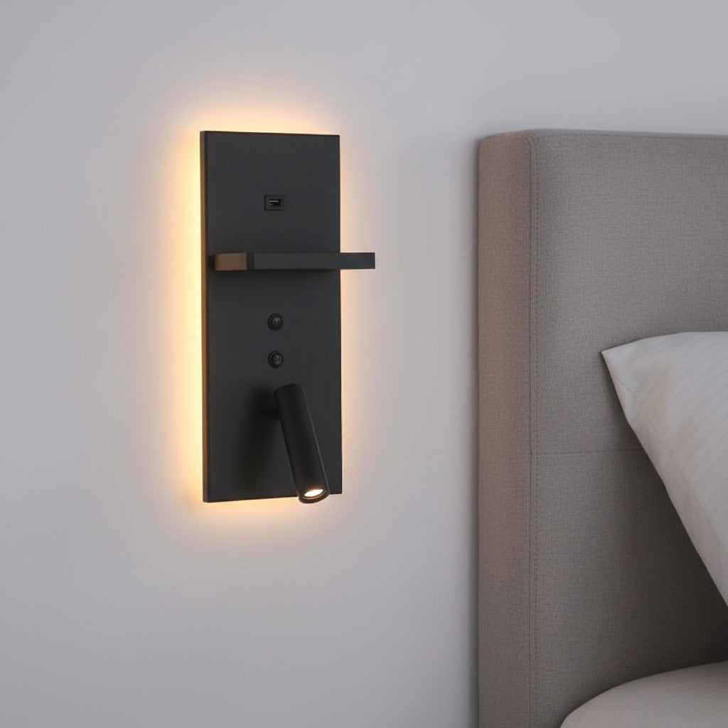 black bedroom wall lamp with reading light mounted on the wall next to a bed