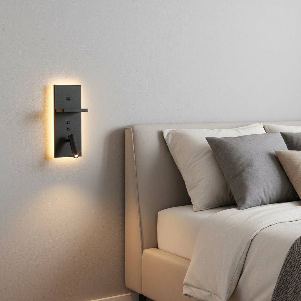 Black bedroom wall lamp with reading light fitted on the wall next to the bed in contemporary minimal bedroom