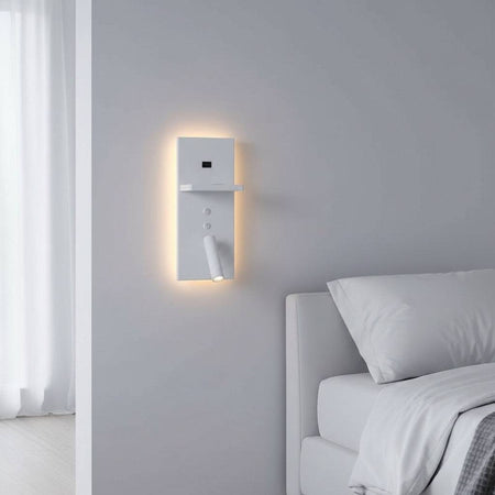 white bedroom wall light with reading light mounted on the wall next to the bed in a white room
