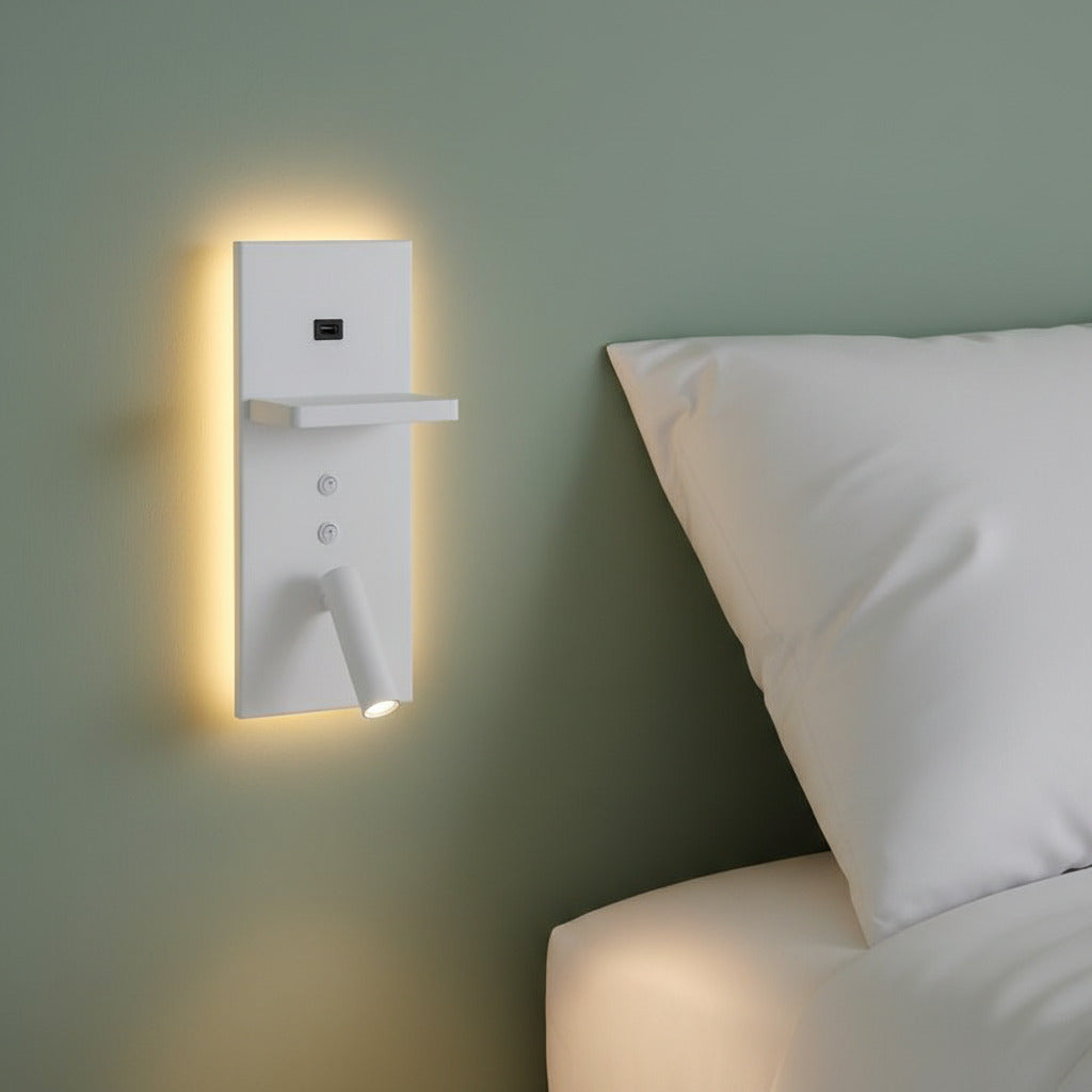 White Bedroom Wall Light With Reading Light mounted next to a bed on the wall 