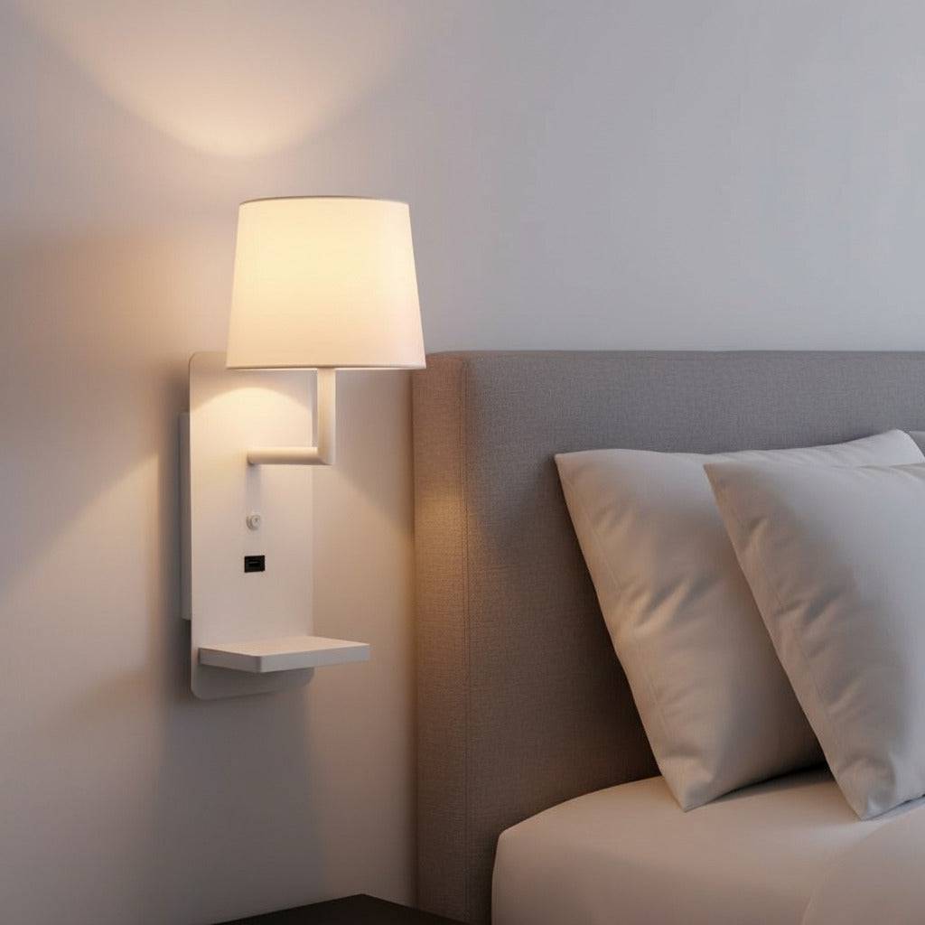 white reading wall lamp for bedroom mounted on the wall in a minimal bedroom alongside the bed. 