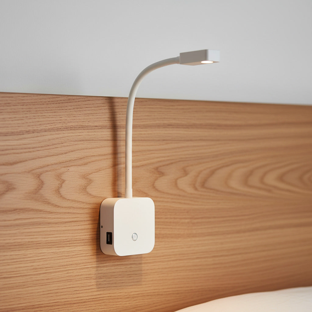 flexible white bedroom reading lamp with USB ports mounted on a wooden bed headboard