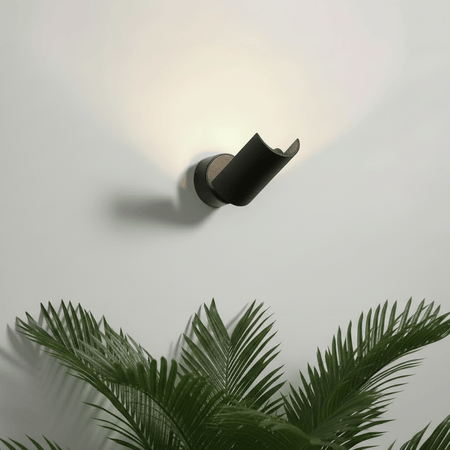 Black indoor wall uplighter on a pale grey wall above a fern plant